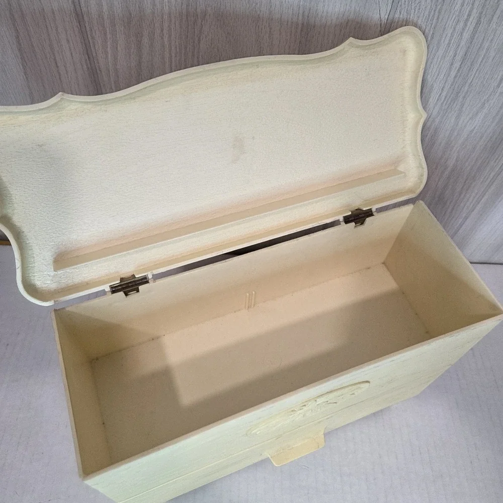 Vtg Lerner Sewing Recipe Grandmas Box Flip Lid Drawer Faux Wood Storage White